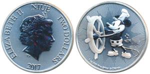 Niue, Elizabeth II, Silver $2, 31.29g, 2017 rev. an iconic image of Mickey Mouse the Walt 