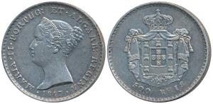 Portugal, Maria II, Silver 500 Reis, 1847, obv. head facing left, rev. crowned mantled arm