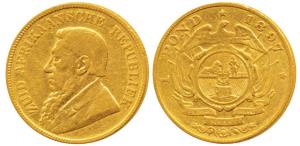 South Africa, Gold Kruger 1 Pond, 8.01g, 1897, rev. Single shaft wagon, (KM 10.2). Very Fi