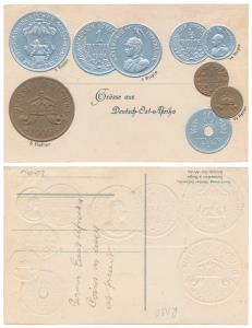 Embossed Postcard with impression of German East Africa Coins. Printed in the 1910’s in Ge