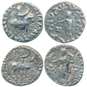 Indo-Scythians, Azes II (c. 35 BC-5 AD), Silver Drachm (2), 1.81g & 2.05g, obv. king mount