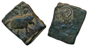 Satavahanas, Copper Unit, 4.57g, obv. elephant walking to right with tree above, rev. whee