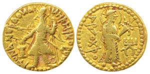 Kushanas, Kanishka I (c. 127/8-152 AD), Gold Dinar, 7.88g, Mint II (B), 1st emission, obv.