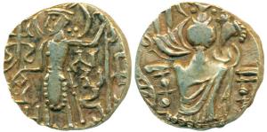 Later Kushana, Gadakhara-Samudra, Base Gold Dinara, 7.61g, obv. king nimbate standing left