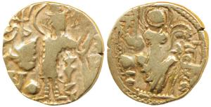KidaraKushana (c. 4th century AD), Gold Dinar, 7.78g, obv. king standing right with triden