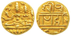 Vijaynagar Empire, Hari Hara II, Gold ½ Pagoda, 1.68g, obv. Shiva-Parvati seated, Siva hol