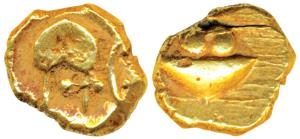 Anonymous, Hudki Gold Pagoda, 3.36g, a boat like uncertain symbol on obv., possibly the Go