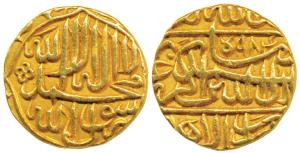 Akbar, Gold Mohur, 10.80g, Dar us-Sultanate Lahore Mint, AH 984, Kalima on obv., near comp