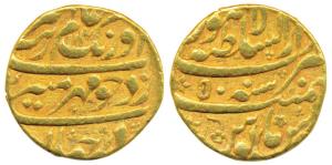 Aurangzeb, Gold Mohur, 10.9g, Lahore Mint, AH 1117/50 (KM 315.31). Very Fine, Very Rare.