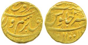Farrukhsiyar, Gold Mohur, 10.77g, Multan Mint, AH RY30 (KM 390.23). Fine+, Rare.