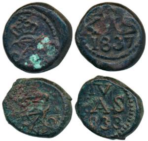 Tranquebar, Fredrick VI (1808 –AD), Copper 4 Cash, 3.28g, 1833 and 1837, obv.crowned FR Mo