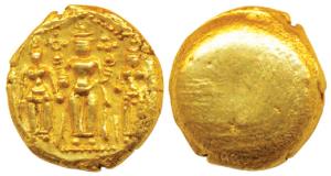 3 Swami Gold Pagoda, 3.36g, Tirupati Balaji in the centre, flanked by his wives Shri Devi 