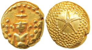 Star Gold Pagoda, 3.39g, single Swami (Balaji-Tirupati) standing, facing front on obv.; st