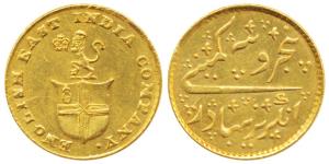 Gold Rupees 5 or 1/3 Mohur, 3.87g, obv. company arms with a lion holding a crown, rev. Per