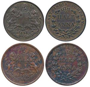 Copper ½ Anna (2), 1835 and 1845, coat of arms of the EIC and date on obv., value within w