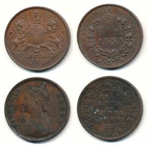 EIC and Victoria Queen, Copper ½ Anna, 1835 and 1862.About Very Fine to About Extremely Fi
