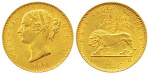 Victoria Queen, Gold Mohur, 11.6g, 1841, divided legend, WW incused on truncation (KM 462.
