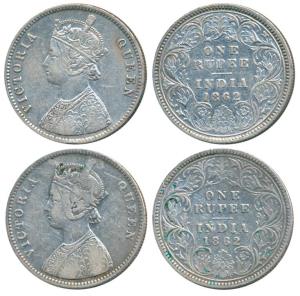 Victoria Queen, Silver Rupee, 1862 (2), Calcutta Mint, A / I, with crescent, (2) & without