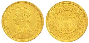 Victoria Empress, Gold Mohur, 1881, V in Jabbot (Prid 22). About Extremely Fine, Rare.