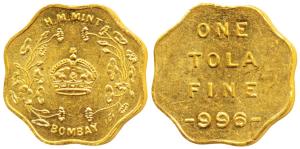 Bombay Mint, Token, Gold Tola, 11.65g, H M Mint, crown within wreath and Bombay below on o