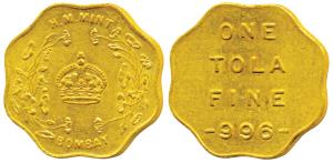 Bombay Mint, Token, Gold Tola, 11.65g, H M Mint, crown within wreath and Bombay below on o