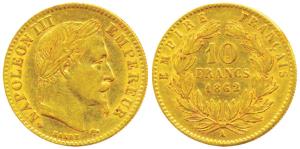 France, Napoleon III, Gold 10 Francs, 3.2g, 1862 A, obv. laureate head, rev. rev. value wi