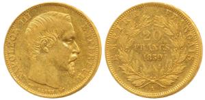 France, Napoleon III, Gold 20 Francs, 6.5g, 1859 A, Paris Mint, obv. bare head, rev. value