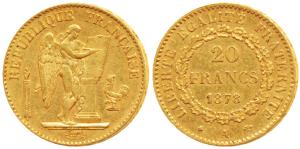 France, Gold 20 Francs, 6.43g, 1878A, obv.standing winged Genius writing the constitution 