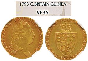 Great Britain, George III, Gold Guinea, 1793, obv.laureate head to right, popularly known 