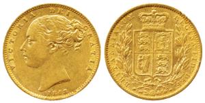 Great Britain, Victoria Queen, Gold Sovereign, 8g, 1848, Young head, Shield on rev. (KM 73