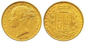 Great Britain, Victoria Queen, Gold Sovereign, 8g, 1851, Young head, Shield on rev. (KM 73