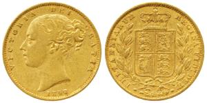 Great Britain, Victoria Queen, Gold Sovereign, 8g, 1852, Young head, Shield on rev. (KM 73