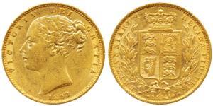 Great Britain, Victoria Queen, Gold Sovereign, 8g, 1853, Young head, Shield on rev. (KM 73
