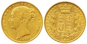Great Britain, Victoria Queen, Gold Sovereign, 8g, 1854, Young head, Shield on rev. (KM 73