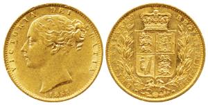 Great Britain, Victoria Queen, Gold Sovereign, 8g, 1855, Young head, Shield on rev. (KM 73
