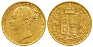 Great Britain, Victoria Queen, Gold Sovereign, 8g, 1856, Young head, Shield on rev. (KM 73