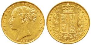 Great Britain, Victoria Queen, Gold Sovereign, 8g, 1857, Young head, Shield on rev. (KM 73
