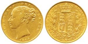 Great Britain, Victoria Queen, Gold Sovereign, 8g, 1864, Young head, Shield on rev. (KM 73