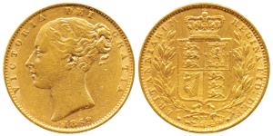 Great Britain, Victoria Queen, Gold Sovereign, 8g, 1869, Young head, Shield on rev. (KM 73
