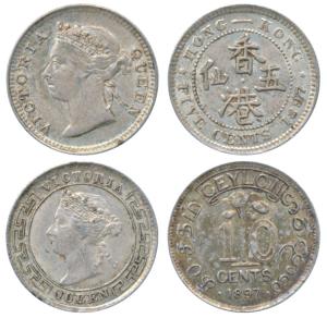 Hong Kong, Silver 10 Cents, 1897; Ceylon, Silver 10 Cents, 1897, both with Victoria young 