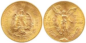 Mexico, Gold 50 Pesos, 41.59g, 1947, obv. Centennial of Independence, rev. winged Victory 