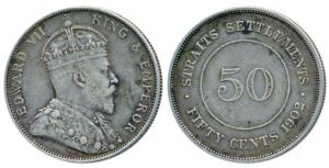Strait Settlements, Edward VII, Silver 50 Cents, 1902 (KM 23). Very Fine+, Rare.