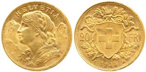 Switzerland, Gold 20 Francs, 6.5g, Bern Mint, draped bust of Helvetia to left and the Swis