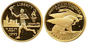 United States of America, Gold $ 5, 8.35g, 1996 Summer Olympics, Torch Runner, Atlanta sky