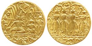 Early 20th century, Gold Ramatanka, 11g, obv.Durbar scene, Ram and Sita sitting facing fla