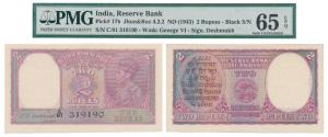 George VI, Rupees 2, 1943, signed C. D. Deshmukh, (J&R 4.2.2). Graded by PMG 65 Gem Uncirc