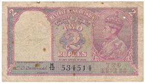 George VI, Rupees 2, 1944, signed C. D. Deshmukh (J&R 4.2.2). Fine+.