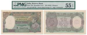 George VI, Rupees 5, 1st issue, 1944, signed C. D. Deshmukh, prefix Q, in order of consecu