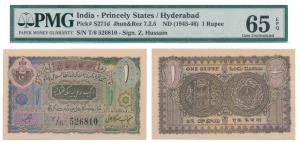 Hyderabad, Rupee 1, 1943, signed ZahidHussain, (J&R 7.2.5). Graded by PMG Gem Uncirculated