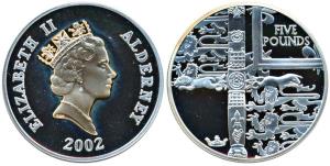 Alderney, Elizabeth II, Silver 5 Pounds, 28.28g, 2002, 50th Anniversary of Accession of Qu